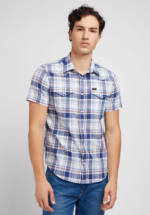 Camisa Manga Corta Western Ss Shirt Bright White Medieval Blue Plaid